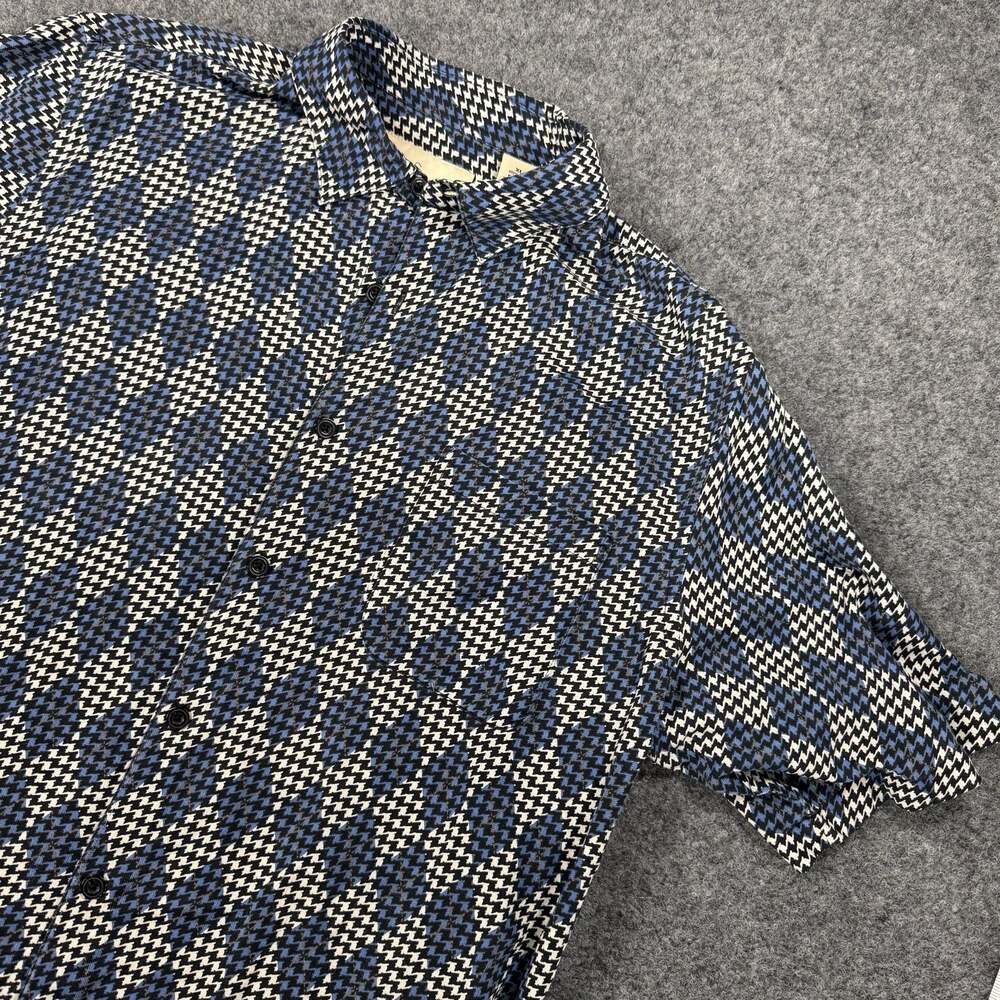 Vintage Silk Circa 1969 Men's Blue Black Houndstooth Short Sleeve Silk Shirt XL